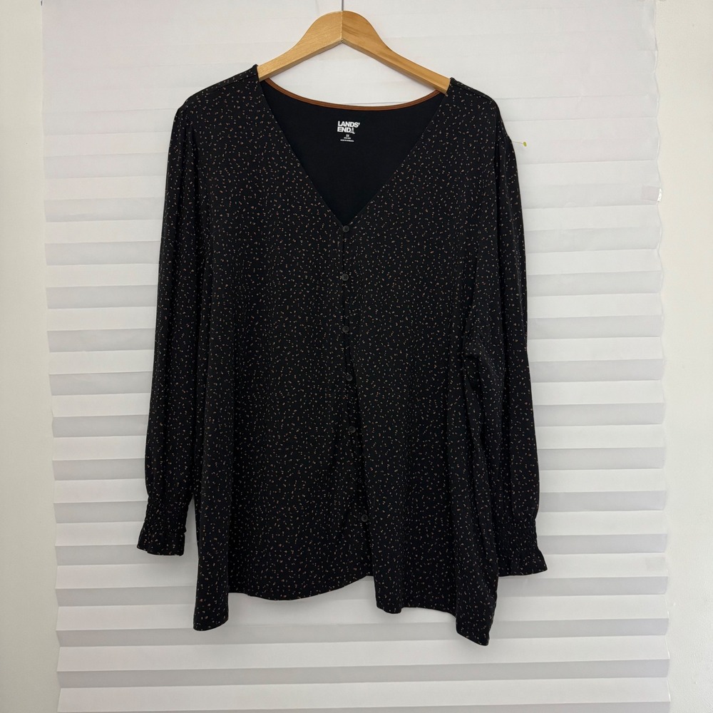 Lands‎ End Womens 3X Black Brown Speckled Button Front V-Neck Smocked Cuff Top